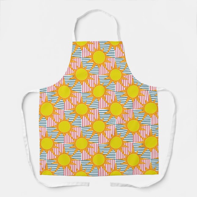 Sunny orange yellow suns on white teal pink stripe apron (Front)