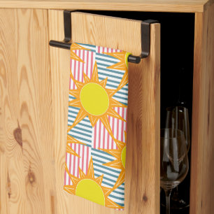 Sunny orange yellow suns white pink teal stripes tea towel