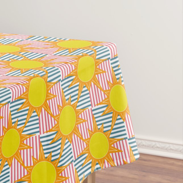Sunny orange yellow suns white teal pink stripes  tablecloth (In Situ)