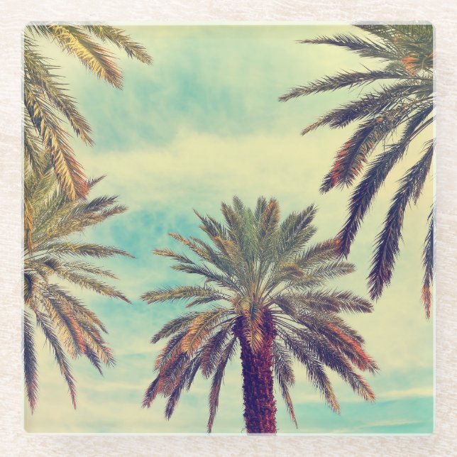 Sunny Palm Plantation: Cultivated Oasis. Glass Coaster (Front)