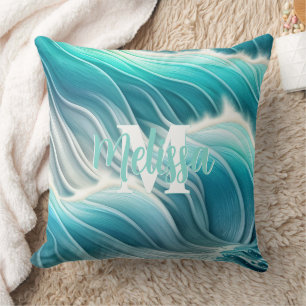 Sunny Pastel Ocean Waves Monogram Cushion