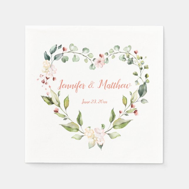 Sunny Peach Pink Heart Wreath Wedding Napkins (Front)