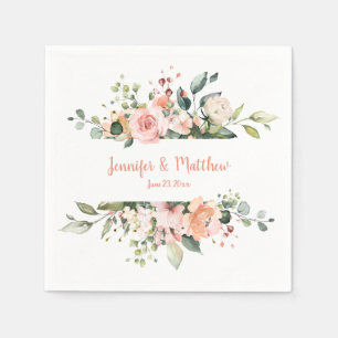 Sunny Peach Pink White Floral Wedding Napkins