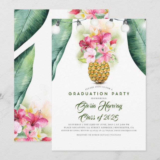 Sunny Pineapple Floral Vase Beach Graduation Party Invitation (Front/Back)