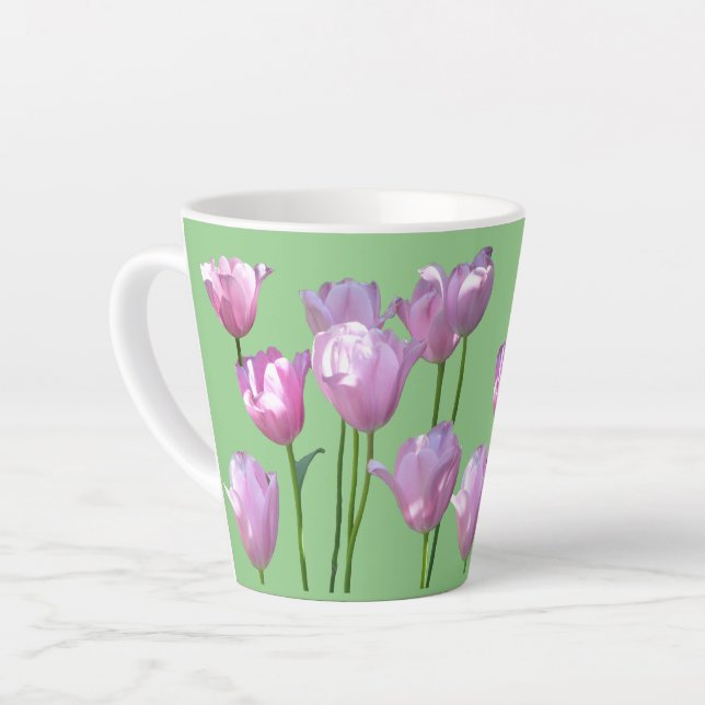 Sunny Pink Tulips Cust. BC Green Latte Mug (Left Angle)
