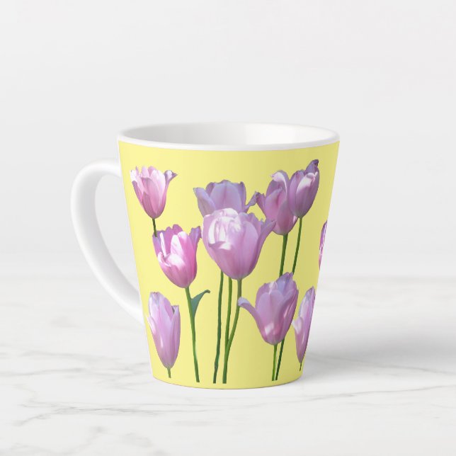 Sunny Pink Tulips Cust. BC Yellow Latte Mug (Left Angle)