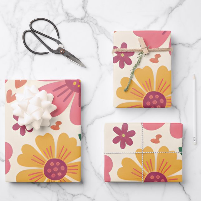 Sunny Pink & Yellow Blooms with Heart Accents Wrapping Paper Sheet (Front)