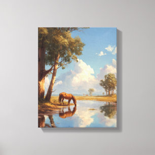 Sunny Pond Horse Reflection Painting Canvas Print