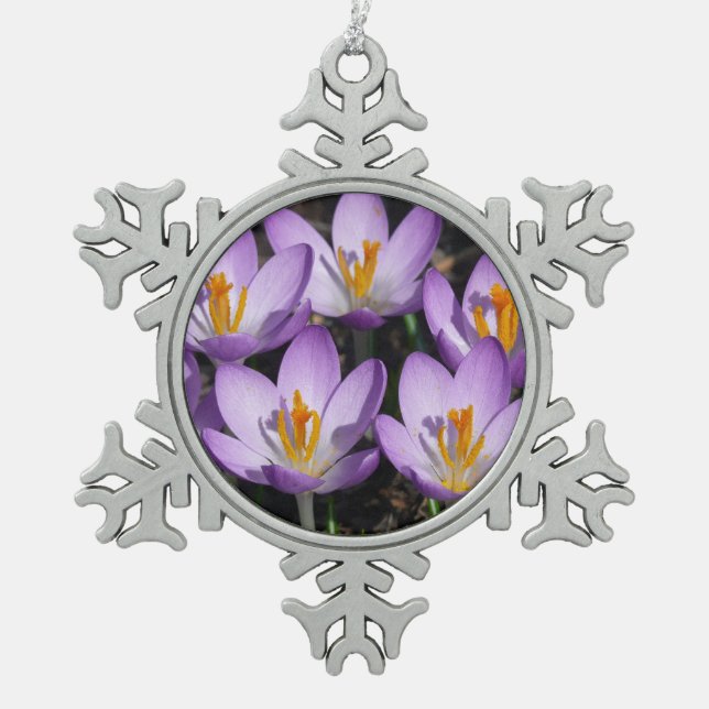 Sunny Purple Crocuses Snowflake Pewter Christmas Ornament (Front)