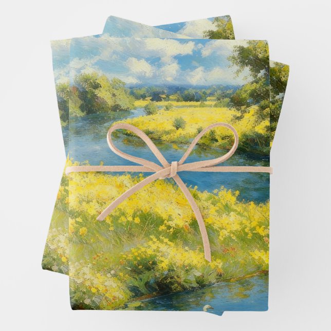 Sunny River & Yellow Wildflower Meadow Wrapping Paper Sheet (In situ)