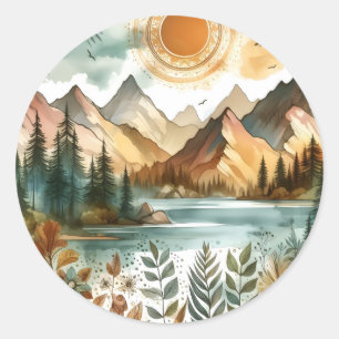 Sunny Rustic Boho Nature Pattern Mountain Lake Classic Round Sticker