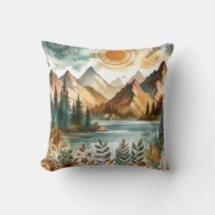 Sunny Rustic Boho Nature Pattern Mountain Lake Cushion