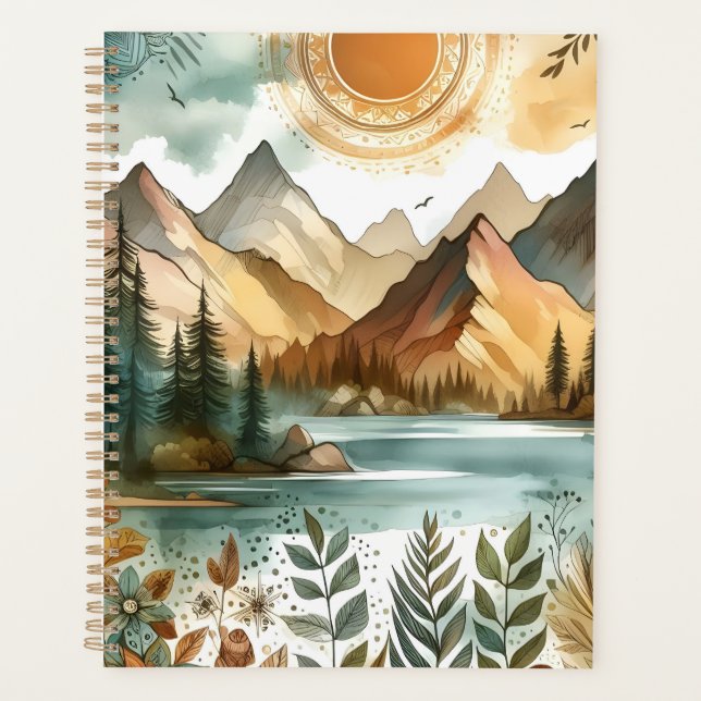 Sunny Rustic Boho Nature Pattern Mountain Lake Planner (Front)