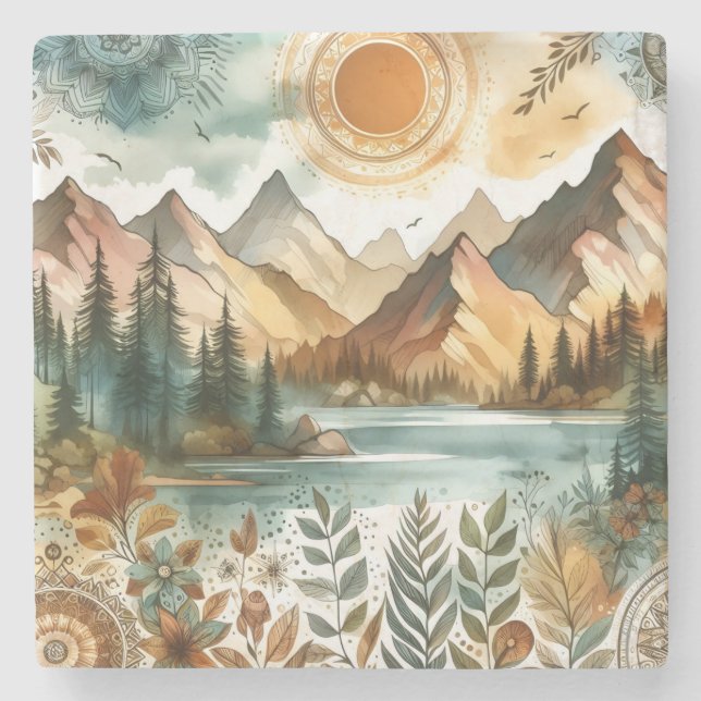 Sunny Rustic Boho Nature Pattern Mountain Lake Stone Coaster (Front)