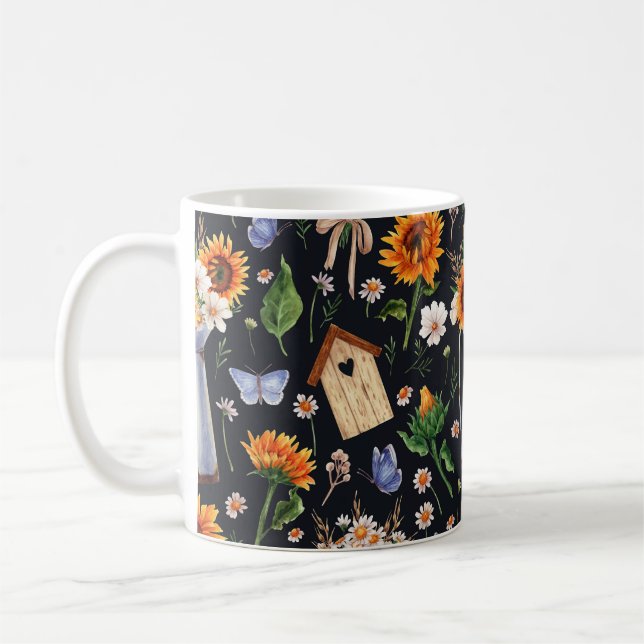Sunny Rustic Watercolor Sunflowers Pattern Coffee Mug (Left)