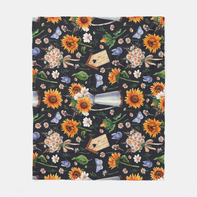 Sunny Rustic Watercolor Sunflowers Pattern Fleece Blanket (Front)