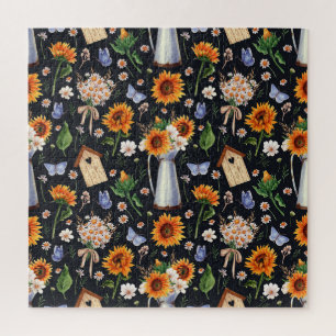 Sunny Rustic Watercolor Sunflowers Pattern Jigsaw Puzzle