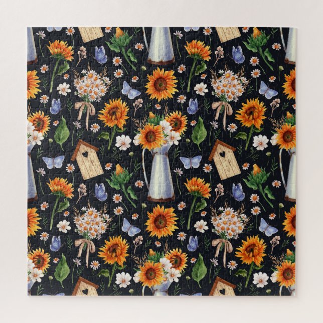 Sunny Rustic Watercolor Sunflowers Pattern Jigsaw Puzzle (Vertical)