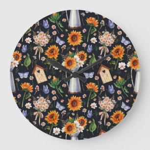 Sunny Rustic Watercolor Sunflowers Pattern Large Clock