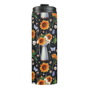 Sunny Rustic Watercolor Sunflowers Pattern Thermal Tumbler