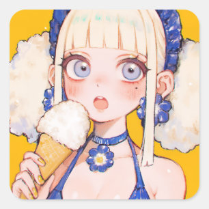 Sunny Scoop Anime Girl with Vanilla Cone Square Sticker