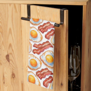 Sunny Side Up & Crispy – Watercolor Eggs and Bacon Tea Towel