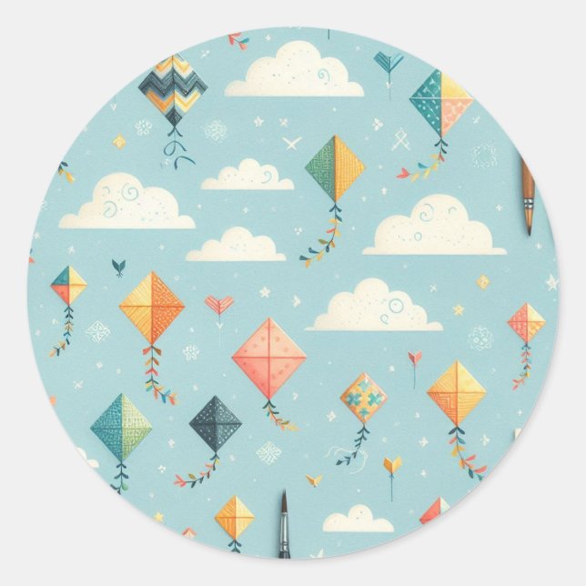 "Sunny Skies & Soaring Kites Party Vibes" Classic Round Sticker (Front)