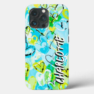 Sunny Sky Serenade: Blue Yellow Graffiti Hearts  iPhone 13 Pro Case