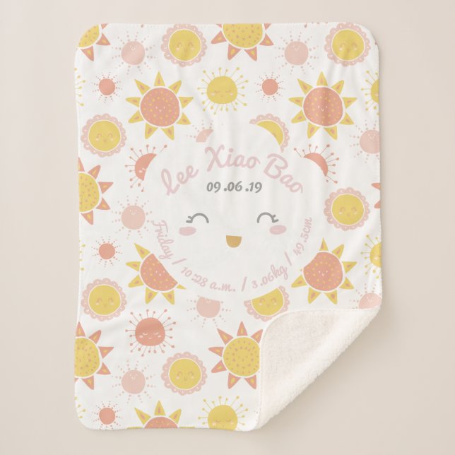 Sunny Smiles Baby Girl Birth Stats Keepsake Sherpa Blanket (Front)