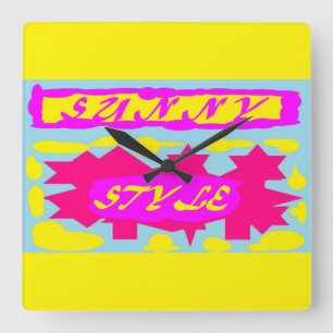 SUNNY STYLE DEEP PINK  CANARY YELLOW AND SKY BLUE SQUARE WALL CLOCK
