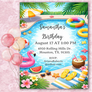 Sunny Summer Birthday Pool Party Birthday Invitation