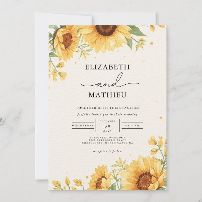 Sunny Sunflower Botanical Romance Wedding Invitation (Front)