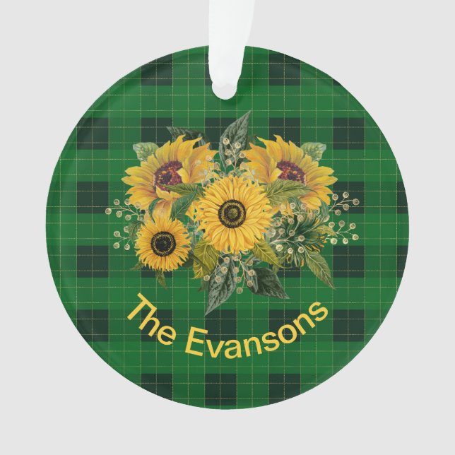 Sunny Sunflower Bouquet on Green Plaid Ornament (Front)