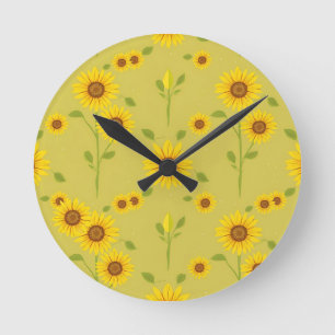 Sunny Sunflower Field Pattern Rustic Olive Green Round Clock