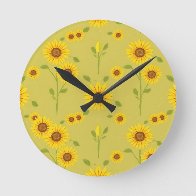 Sunny Sunflower Field Pattern Rustic Olive Green  Round Clock (Front)