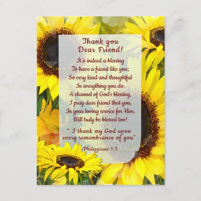 Sunny Sunflowers Thank You Christian Friend Postcard (Front)