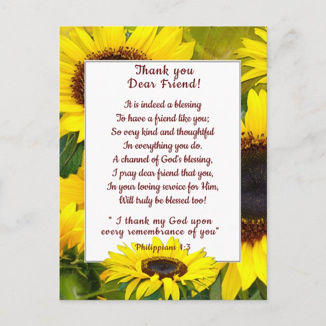 Sunny Sunflowers Thank You Christian Friend Postcard (Front)