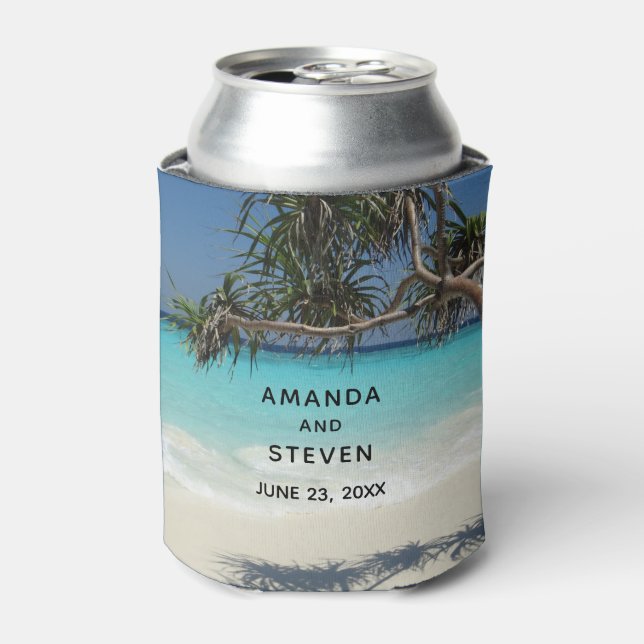 Sunny Tropical Beach Ocean Paradise Wedding Can Cooler (Can Front)