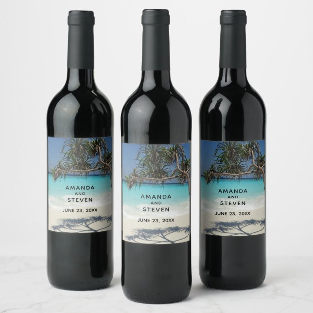 Sunny Tropical Beach Ocean Paradise Wedding Wine Label (Bottles)