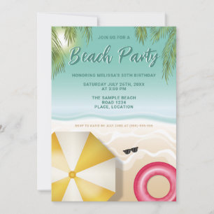 Sunny Tropical Beach Palm Leaves Teal Birthday Invitation
