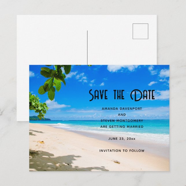 Sunny Tropical Beach Photo Save the Date Invitation Postcard (Front/Back)