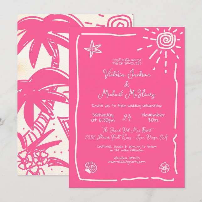 Sunny Tropical Hand drawn Wedding Destination Invitation (Front/Back)