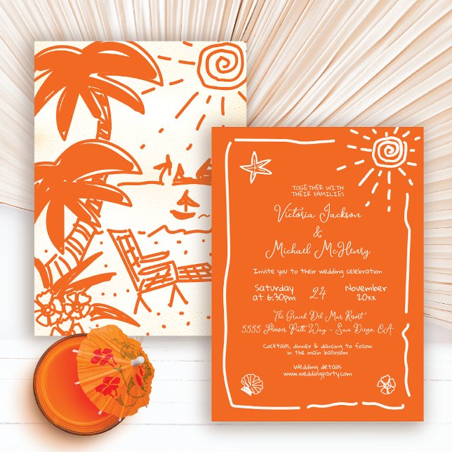 Sunny Tropical Hand drawn Wedding Destination Invitation (Creator Uploaded)