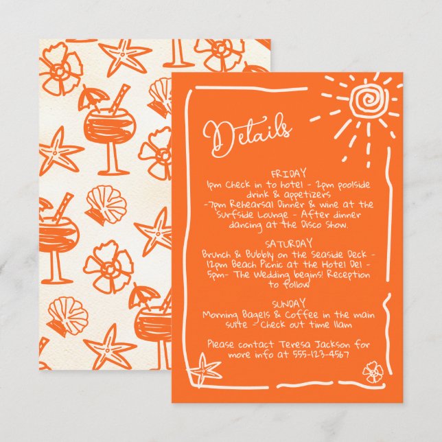 Sunny Tropical Hand drawn Wedding Details Info Invitation (Front/Back)