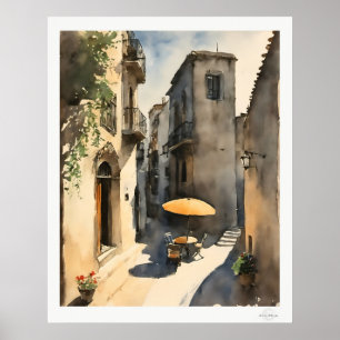 Sunny Village Alley Art Print, Cobblestone Street  Poster
