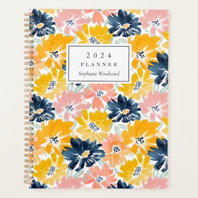 Sunny Watercolor Floral Pattern Monogram 2024 Planner (Front)