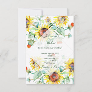 Sunny watercolor sunflowers wedding invitation