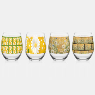 Sunny White Daisies and Polka Dots Stemless Wine Glass