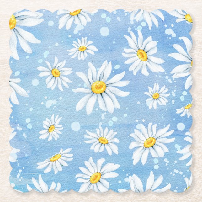 Sunny White Daisies on Blue Paper Coaster (Front)