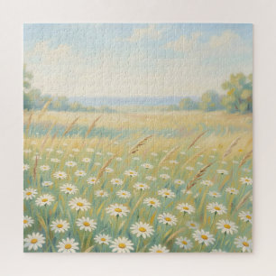 Sunny White Daisy Meadow Wildflower Field Jigsaw Puzzle